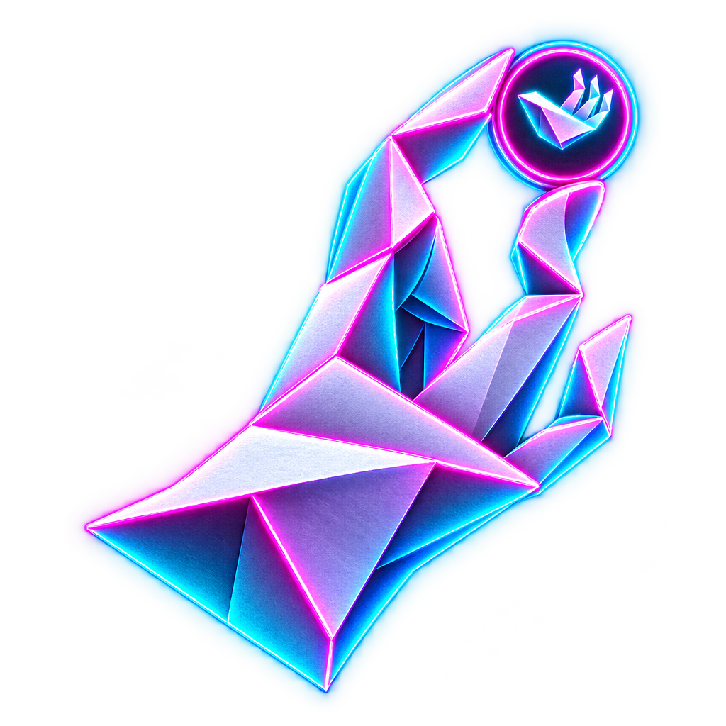 Neon paper hand snapping with a burst of magenta and cyan sparks