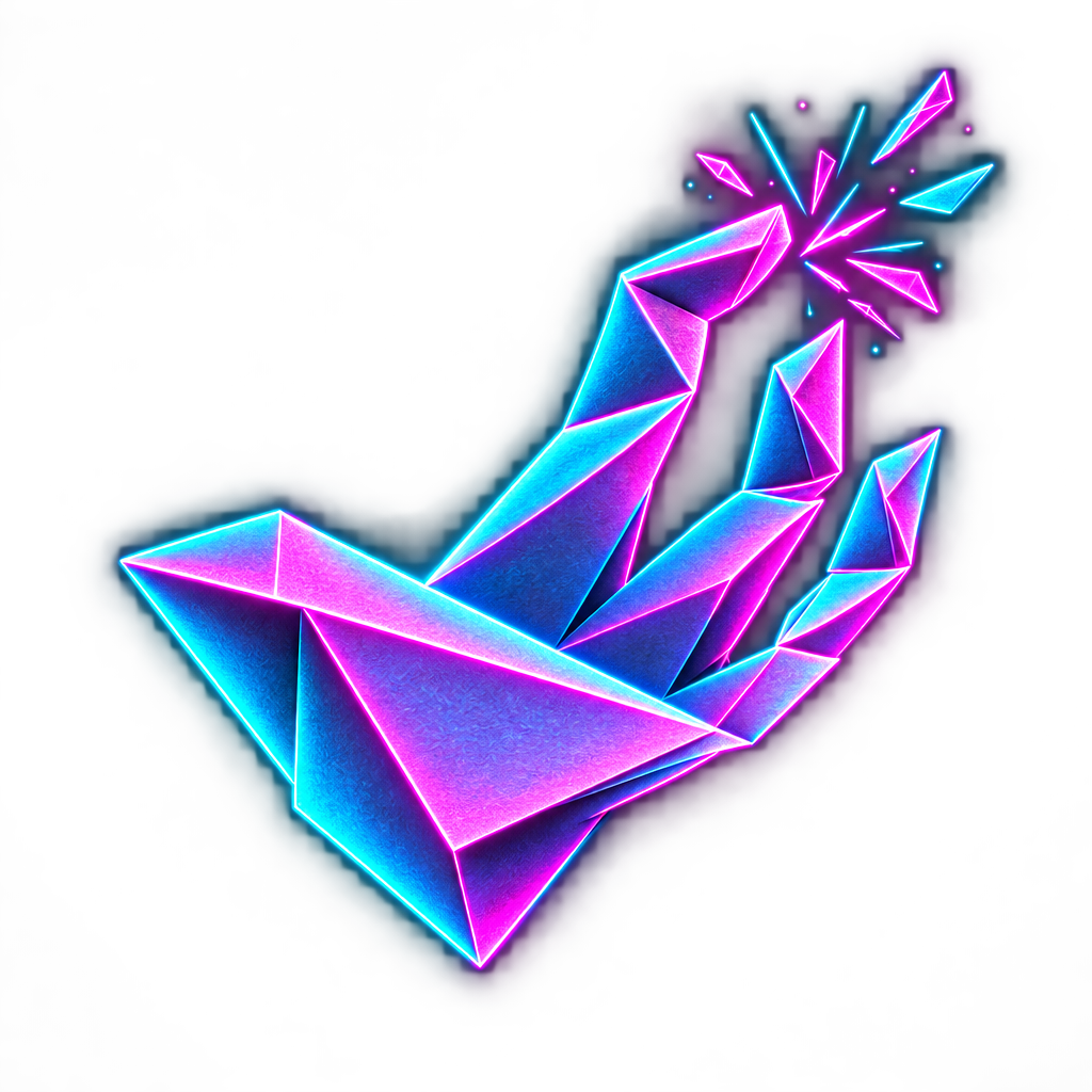 Neon cyan-ringed origami hand icon, idle state