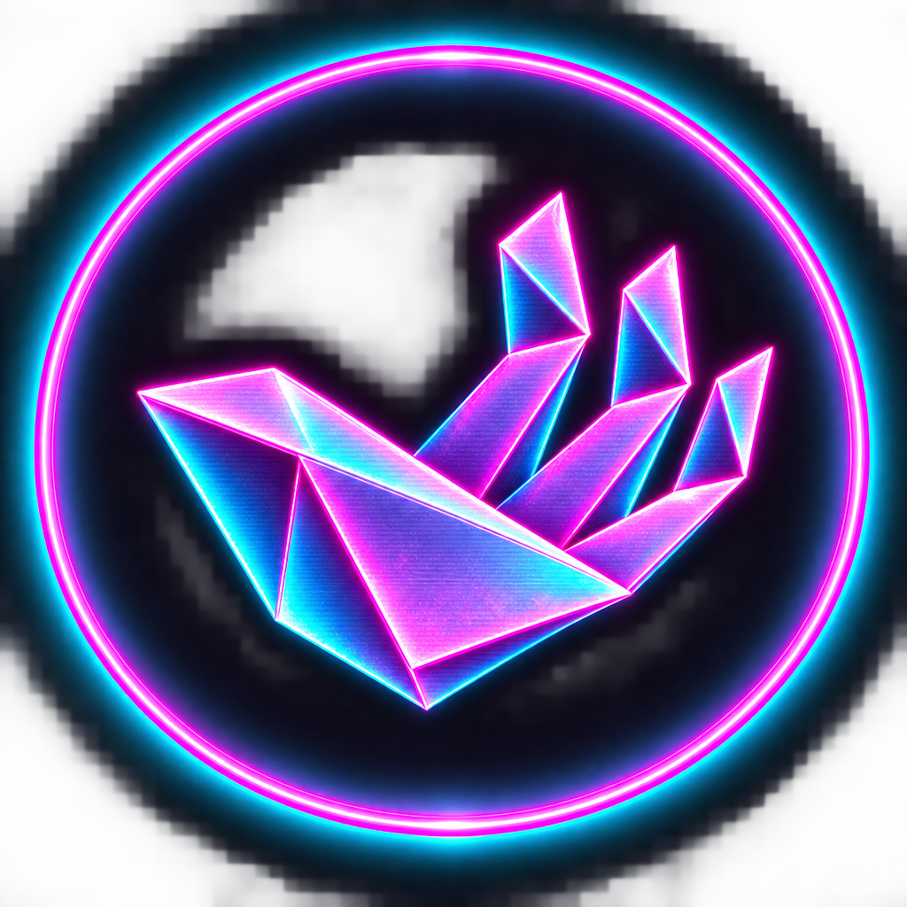 Neon origami hand reaching toward a small coin, mascot mark