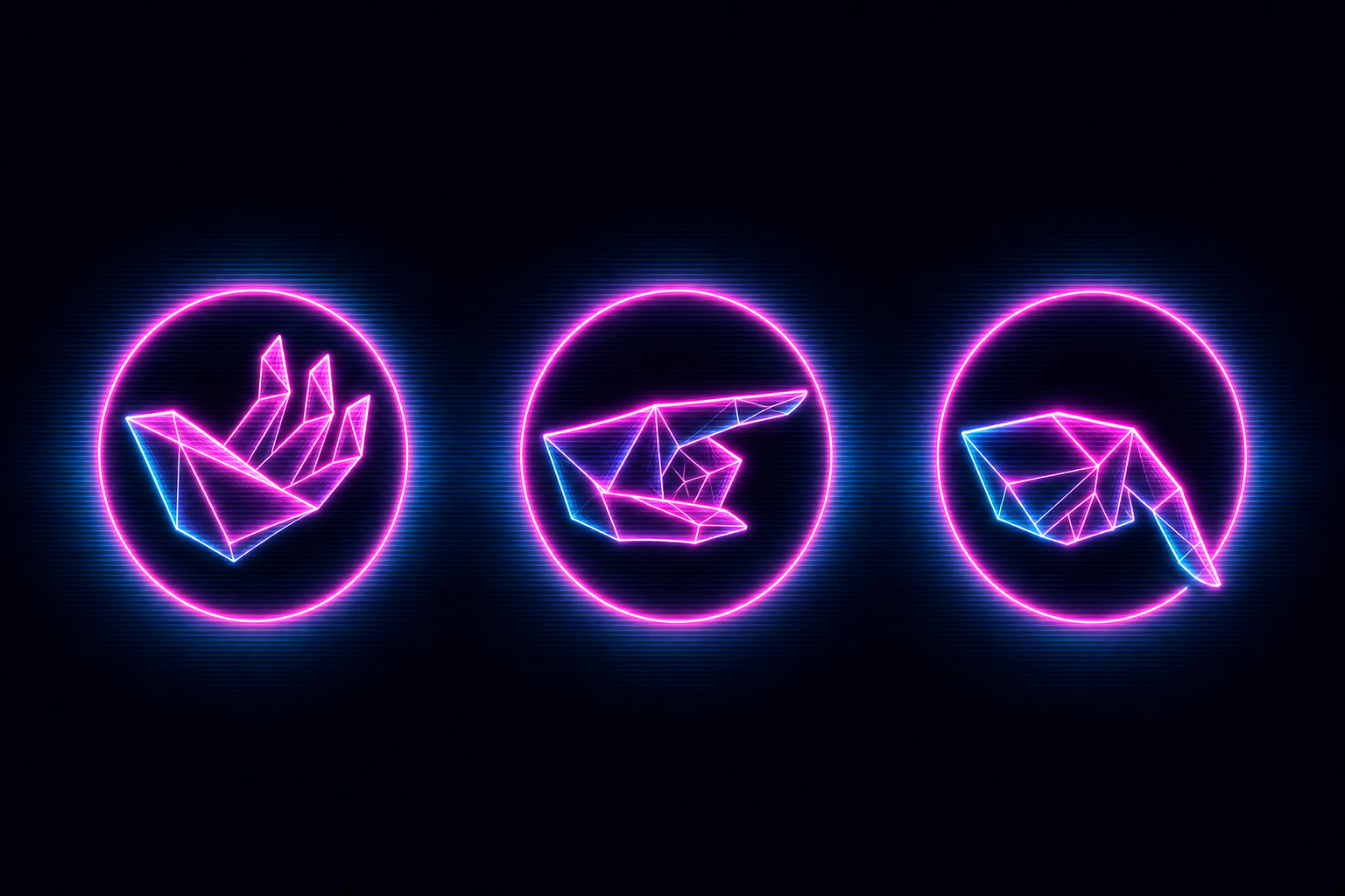 Three neon origami hand icons in rings, showing open, point, and rest states